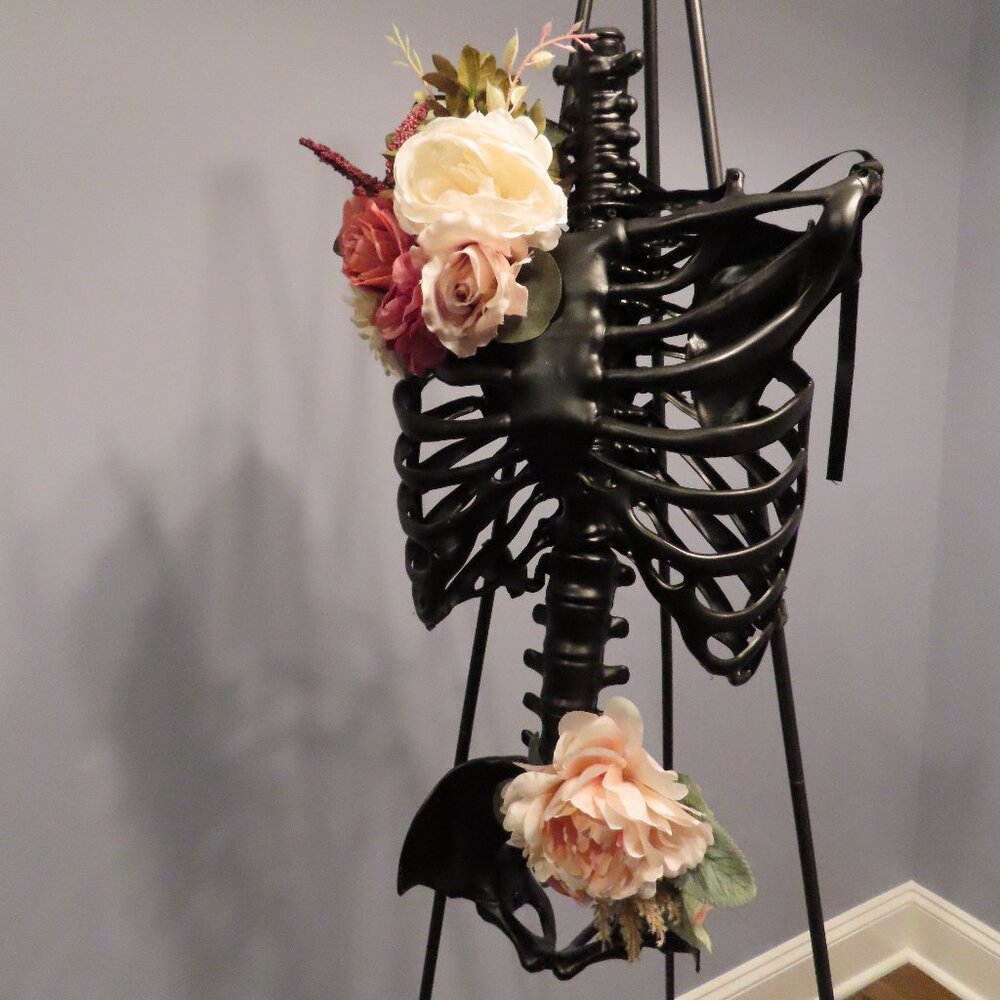 Hand Made - Beautiful - Black Skeleton Bust and Torso with Silk Flowers